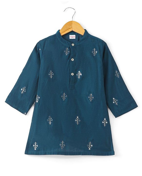 Babyhug Full Sleeves Floral Embroidery Kurta with Solid Dhoti Set - Teal Blue