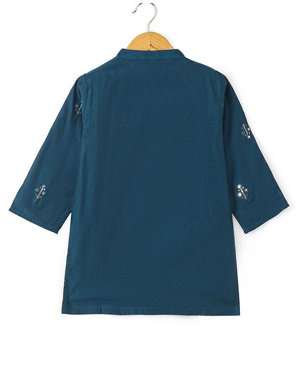 Babyhug Full Sleeves Floral Embroidery Kurta with Solid Dhoti Set - Teal Blue