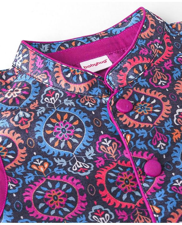 Babyhug Cotton Woven Full Sleeves Floral Printed Kurta & Dhoti Set with Jacket - Purple