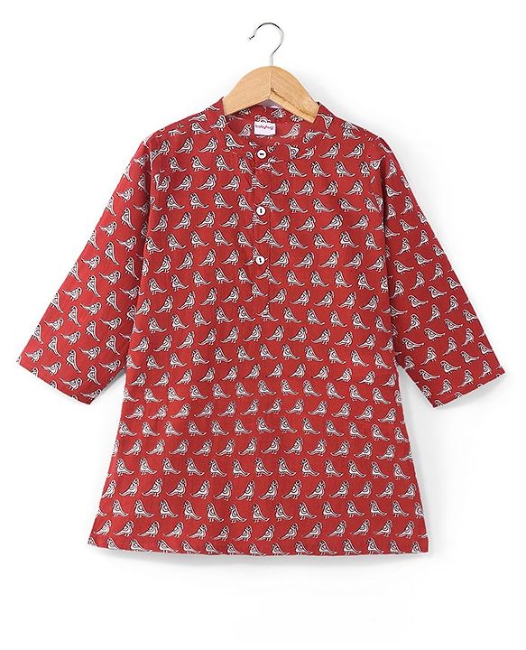 Babyhug Cotton Woven Full Sleeves Kurta & Dhoti Set Birds Print - Red