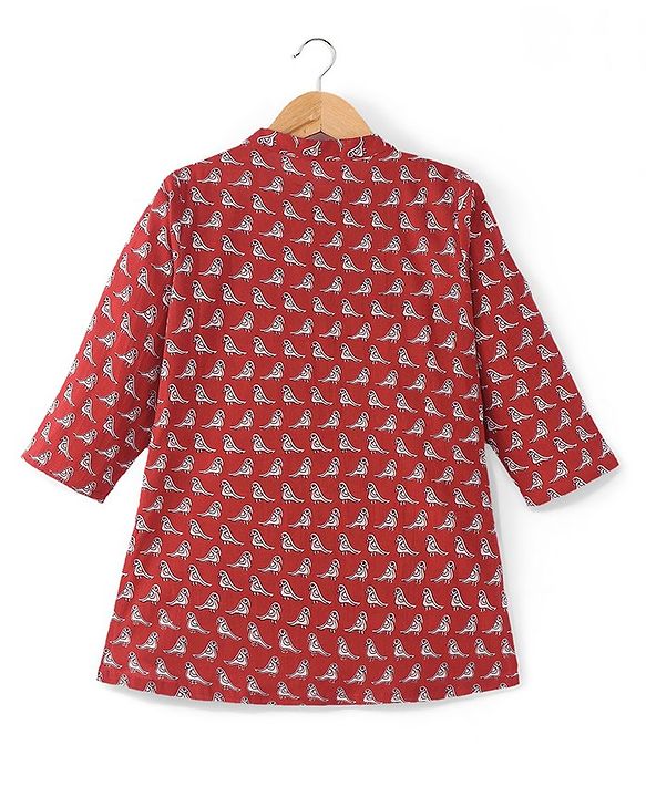 Babyhug Cotton Woven Full Sleeves Kurta & Dhoti Set Birds Print - Red