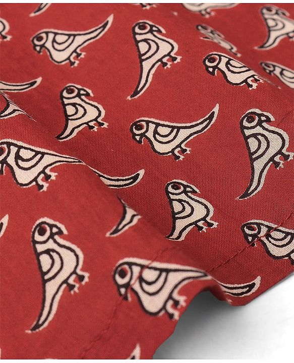 Babyhug Cotton Woven Full Sleeves Kurta & Dhoti Set Birds Print - Red