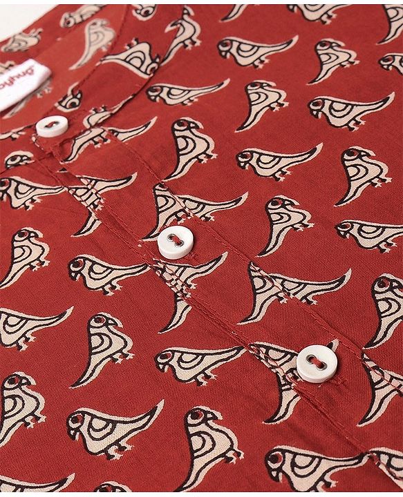 Babyhug Cotton Woven Full Sleeves Kurta & Dhoti Set Birds Print - Red