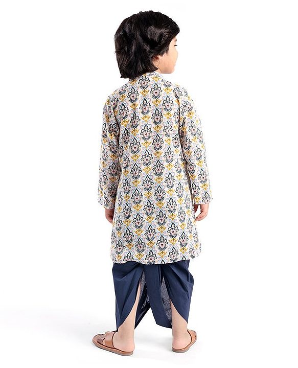 Babyhug 100% Cambric Fullh Sleeve Printed Kurta With Solid Dhoti Set - Off White & Navy