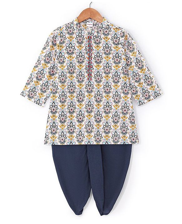 Babyhug 100% Cambric Fullh Sleeve Printed Kurta With Solid Dhoti Set - Off White & Navy