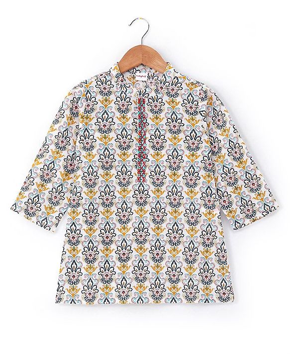 Babyhug 100% Cambric Fullh Sleeve Printed Kurta With Solid Dhoti Set - Off White & Navy