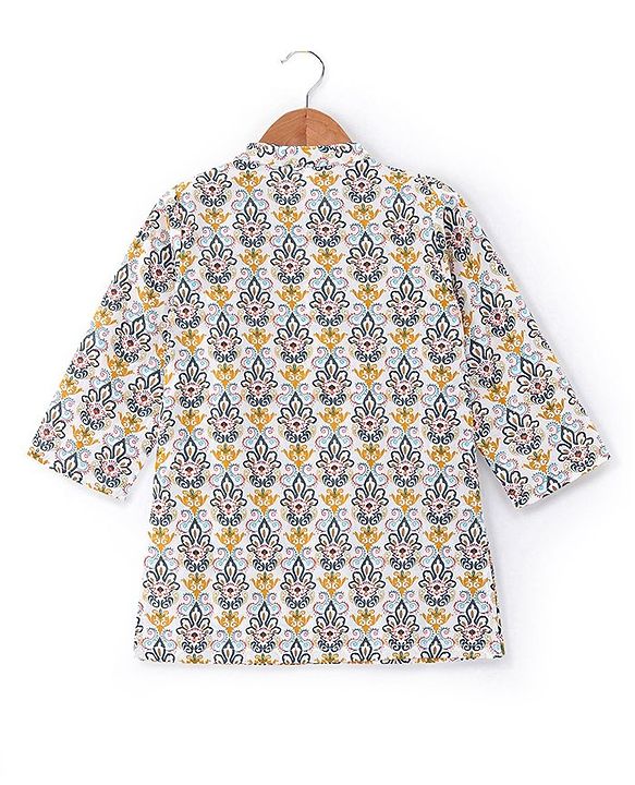 Babyhug 100% Cambric Fullh Sleeve Printed Kurta With Solid Dhoti Set - Off White & Navy