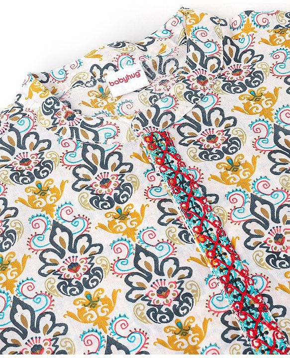 Babyhug 100% Cambric Fullh Sleeve Printed Kurta With Solid Dhoti Set - Off White & Navy