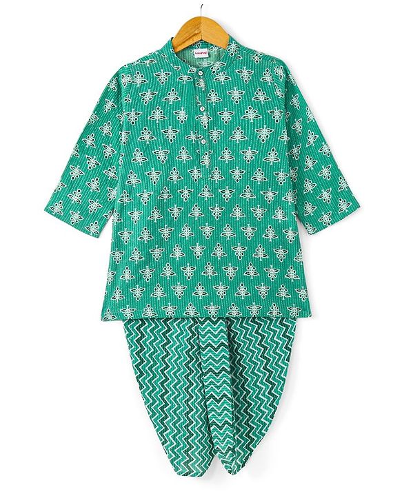 Babyhug 100% Cotton Woven Kurta With Solid Dhoti Set With Leaves Print - Green