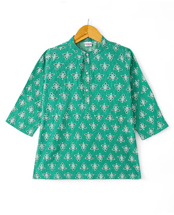 Babyhug 100% Cotton Woven Kurta With Solid Dhoti Set With Leaves Print - Green