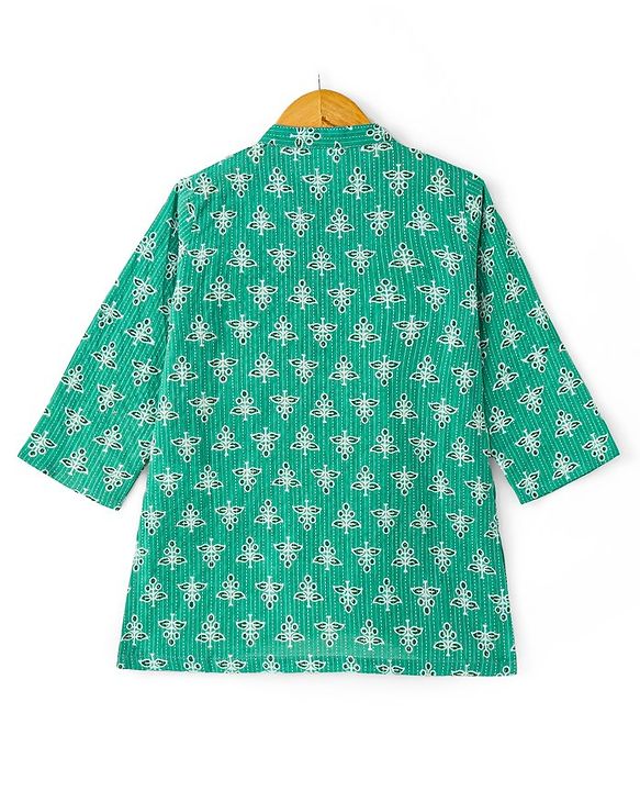 Babyhug 100% Cotton Woven Kurta With Solid Dhoti Set With Leaves Print - Green