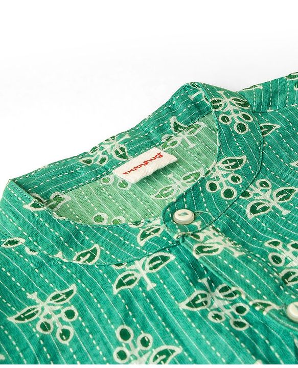 Babyhug 100% Cotton Woven Kurta With Solid Dhoti Set With Leaves Print - Green