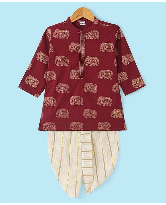 Babyhug 100% Cotton Woven Kurta With Solid Dhoti Set With Foil Printed - Off White & Maroon