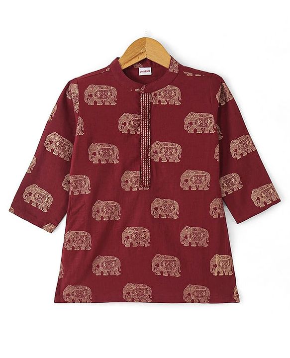 Babyhug 100% Cotton Woven Kurta With Solid Dhoti Set With Foil Printed - Off White & Maroon