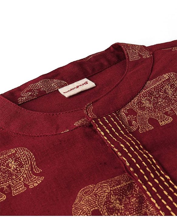 Babyhug 100% Cotton Woven Kurta With Solid Dhoti Set With Foil Printed - Off White & Maroon