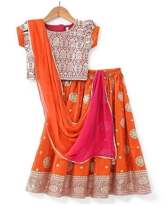 Babyhug Woven Half Sleeve Brocade Choli With Lehenga And Dupatta Set - Orange Red & Pink