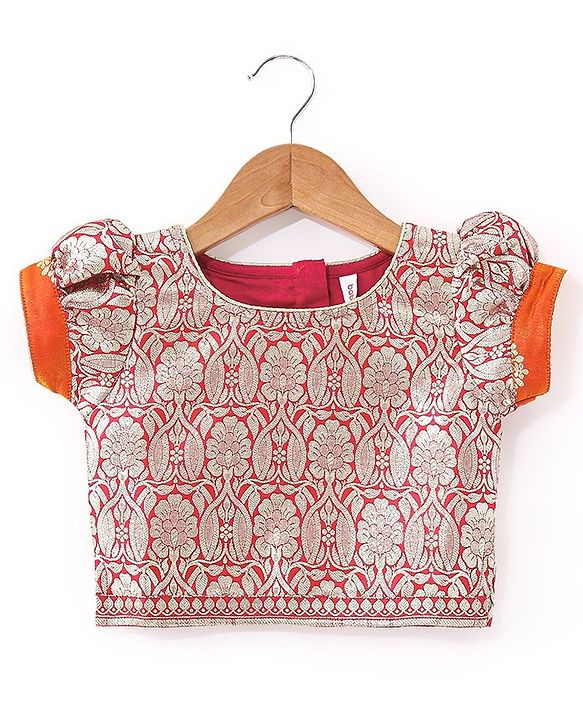 Babyhug Woven Half Sleeve Brocade Choli With Lehenga And Dupatta Set - Orange Red & Pink
