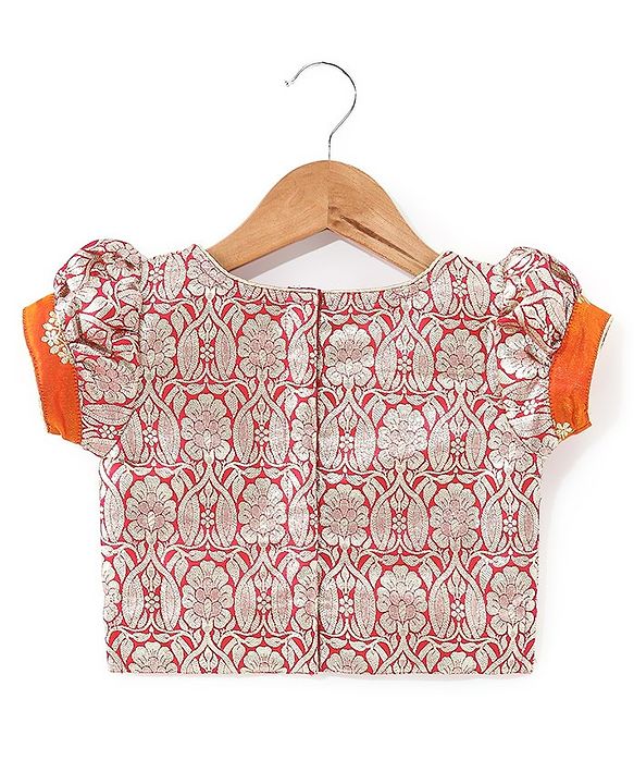 Babyhug Woven Half Sleeve Brocade Choli With Lehenga And Dupatta Set - Orange Red & Pink