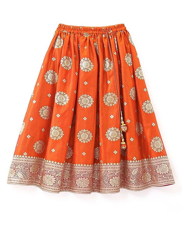 Babyhug Woven Half Sleeve Brocade Choli With Lehenga And Dupatta Set - Orange Red & Pink