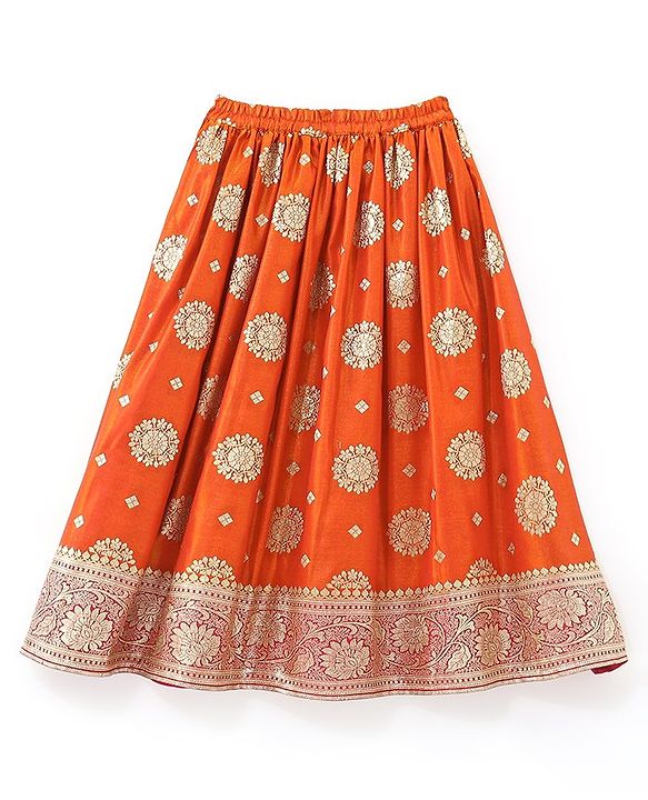 Babyhug Woven Half Sleeve Brocade Choli With Lehenga And Dupatta Set - Orange Red & Pink