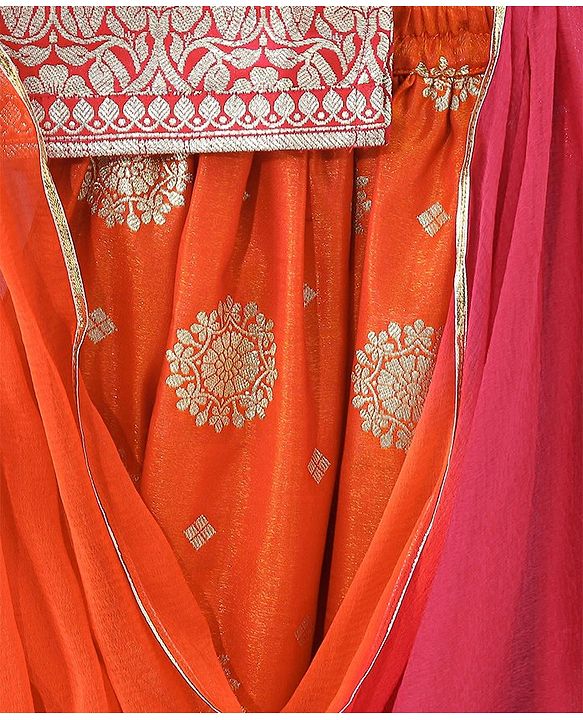 Babyhug Woven Half Sleeve Brocade Choli With Lehenga And Dupatta Set - Orange Red & Pink