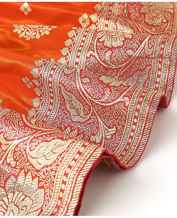 Babyhug Woven Half Sleeve Brocade Choli With Lehenga And Dupatta Set - Orange Red & Pink