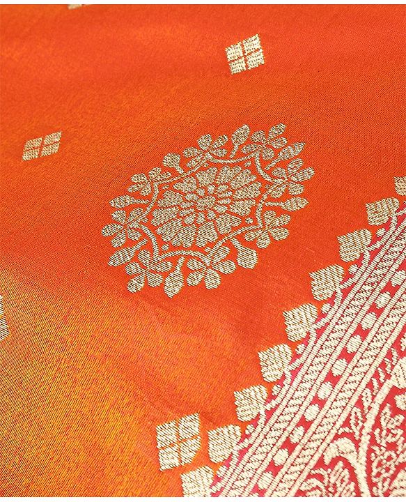 Babyhug Woven Half Sleeve Brocade Choli With Lehenga And Dupatta Set - Orange Red & Pink