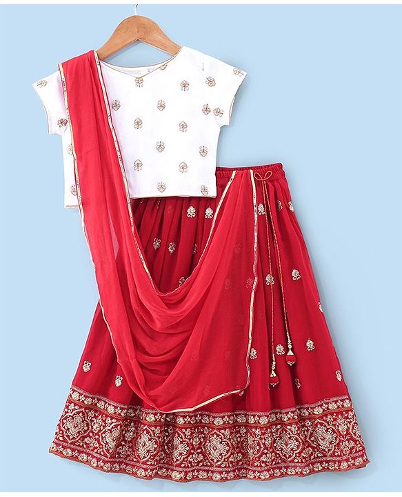 Babyhug Woven Half Sleeves Choli & Lehenga Set with Dupatta & Floral Embroidery - White & Red
