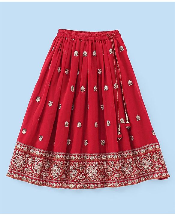 Babyhug Woven Half Sleeves Choli & Lehenga Set with Dupatta & Floral Embroidery - White & Red