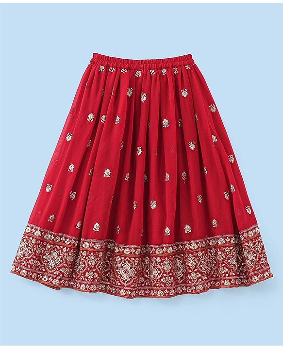 Babyhug Woven Half Sleeves Choli & Lehenga Set with Dupatta & Floral Embroidery - White & Red