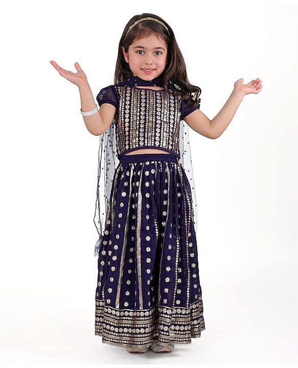 Babyhug Half Sleeves Embroidered Choli with Embroidered Lehenga and Dupatta Set  - Navy Blue