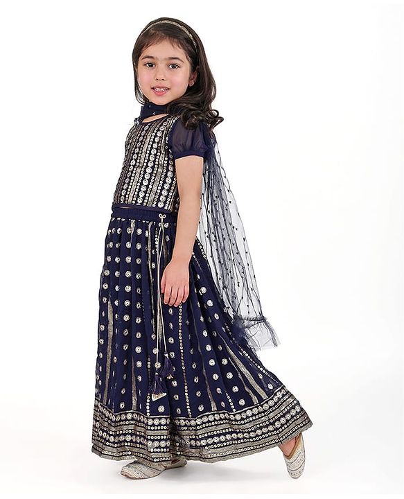 Babyhug Half Sleeves Embroidered Choli with Embroidered Lehenga and Dupatta Set  - Navy Blue