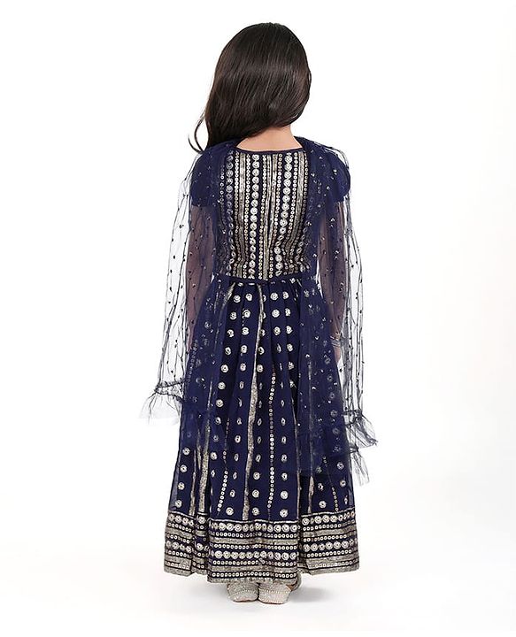 Babyhug Half Sleeves Embroidered Choli with Embroidered Lehenga and Dupatta Set  - Navy Blue