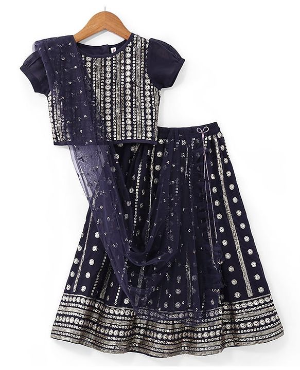 Babyhug Half Sleeves Embroidered Choli with Embroidered Lehenga and Dupatta Set  - Navy Blue