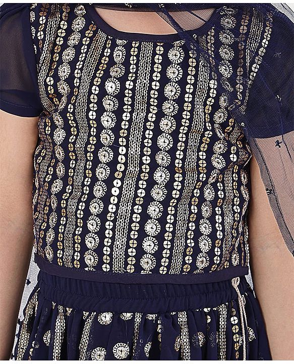 Babyhug Half Sleeves Embroidered Choli with Embroidered Lehenga and Dupatta Set  - Navy Blue