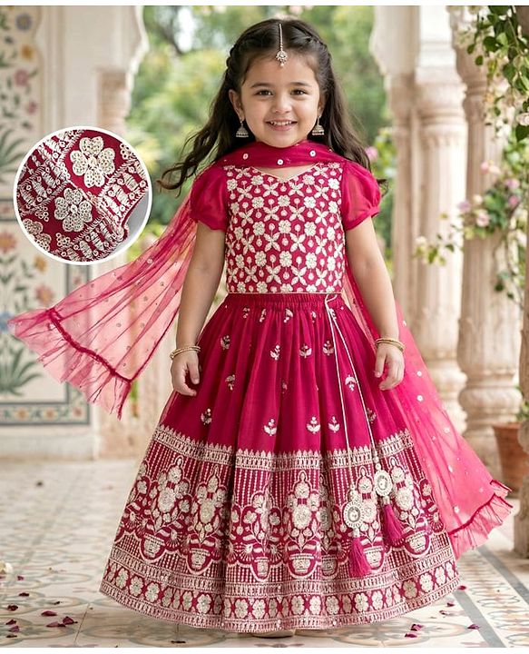 Babyhug Short Sleeve Floral Embroidered Choli with Lehenga and Dupatta Set-Hot Pink