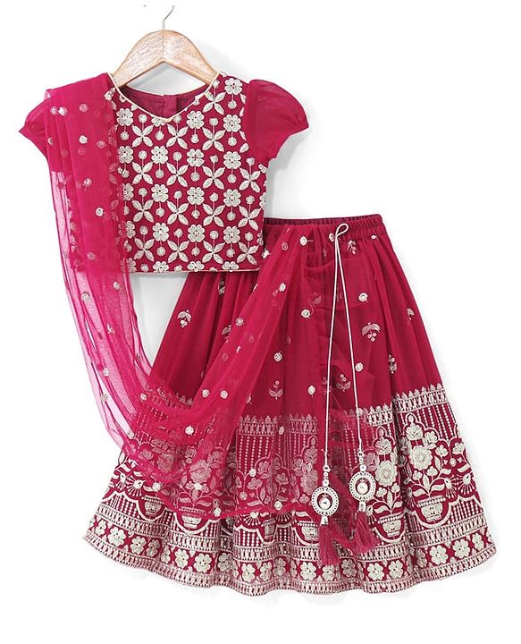 Babyhug Short Sleeve Floral Embroidered Choli with Lehenga and Dupatta Set-Hot Pink