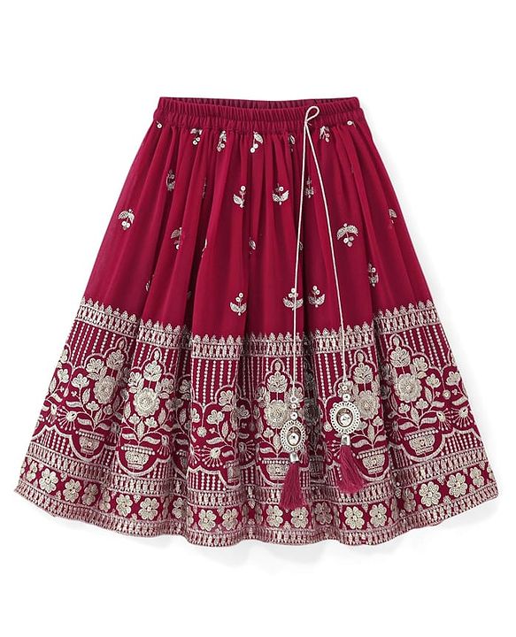 Babyhug Short Sleeve Floral Embroidered Choli with Lehenga and Dupatta Set-Hot Pink