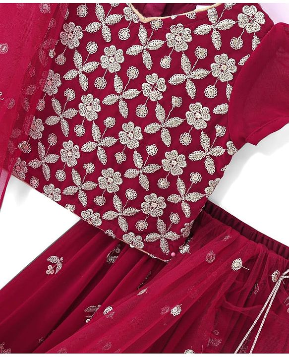 Babyhug Short Sleeve Floral Embroidered Choli with Lehenga and Dupatta Set-Hot Pink