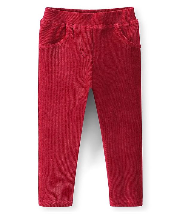 Babyhug Full Length Cotton Knit Corduroy Jeggings - Red