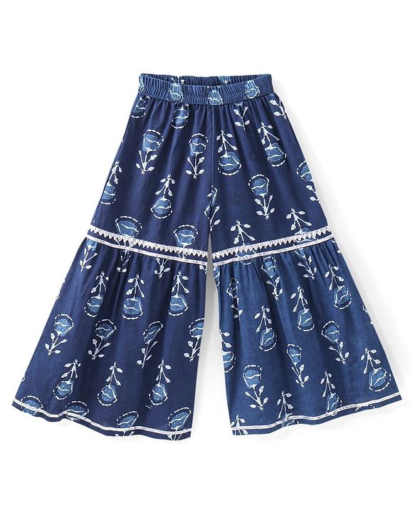 Babyhug 100% Cotton Woven Three Fourth Sleeve Floral Printed Kurta Palazo Set with Dupatta - Indigo