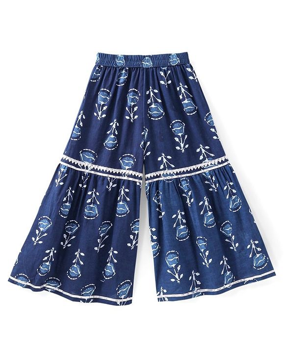 Babyhug 100% Cotton Woven Three Fourth Sleeve Floral Printed Kurta Palazo Set with Dupatta - Indigo