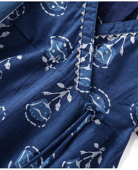 Babyhug 100% Cotton Woven Three Fourth Sleeve Floral Printed Kurta Palazo Set with Dupatta - Indigo