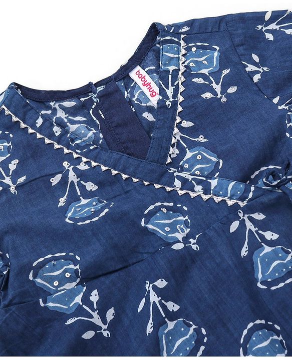 Babyhug 100% Cotton Woven Three Fourth Sleeve Floral Printed Kurta Palazo Set with Dupatta - Indigo