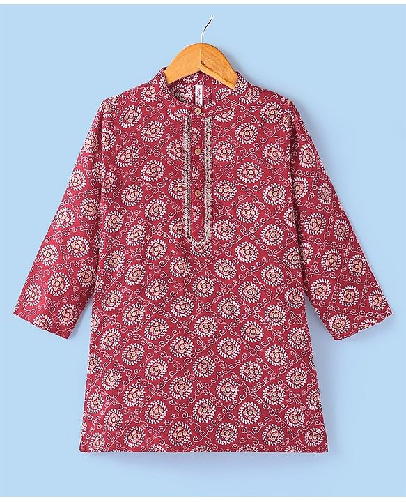 Babyhug 100% Cotton Woven Full Sleeves Bandhani Printed Kurta Dhoti Set - Red