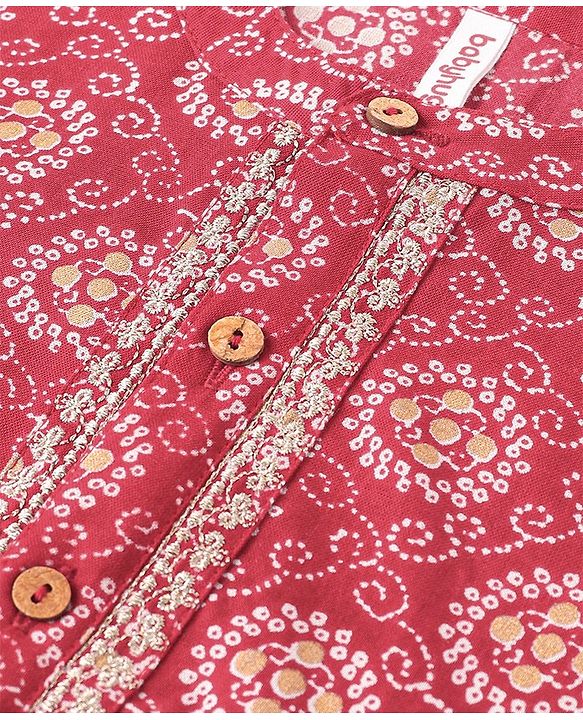 Babyhug 100% Cotton Woven Full Sleeves Bandhani Printed Kurta Dhoti Set - Red