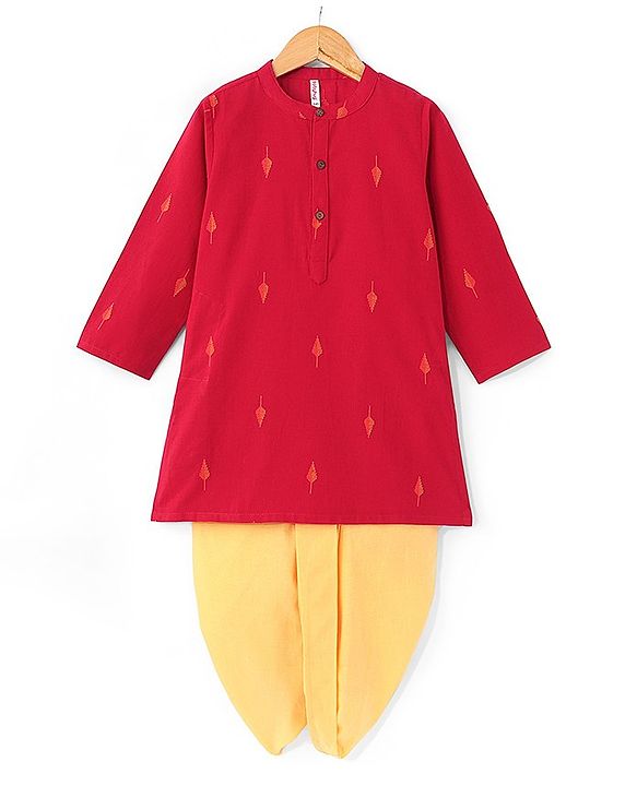 Babyhug 100% Cotton Woven Full Sleeves Handloom Embroidered Kurta Dhoti Set - Red