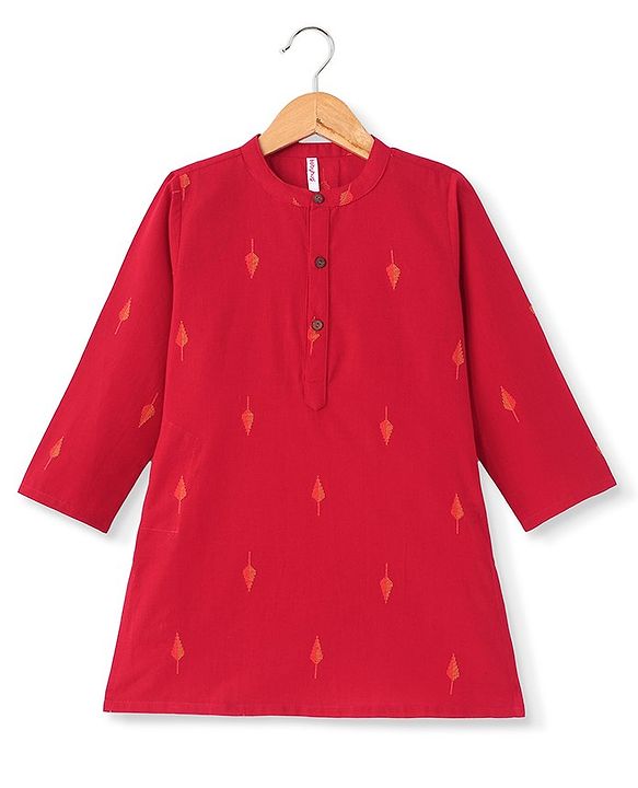 Babyhug 100% Cotton Woven Full Sleeves Handloom Embroidered Kurta Dhoti Set - Red
