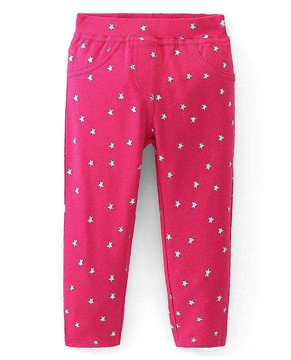 Babyhug Cotton Knit Full Length Stars Printed Jeggings - Pink