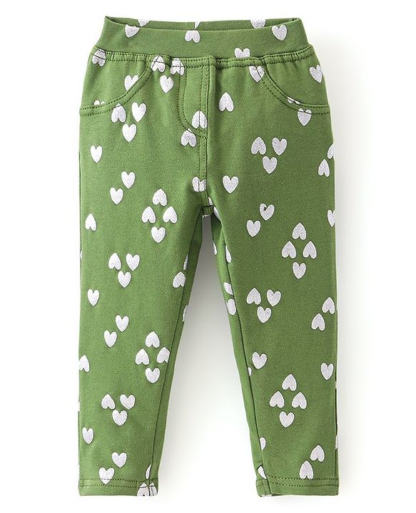 Babyhug Cotton Knit Full Length Heart Printed Jeggings - Green